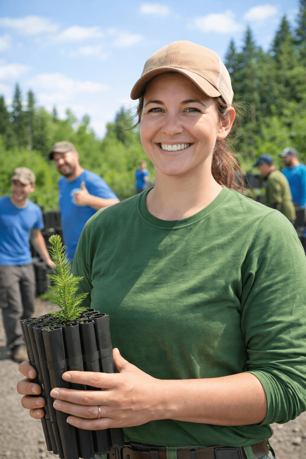 Employée tenant de jeunes plants forestiers
