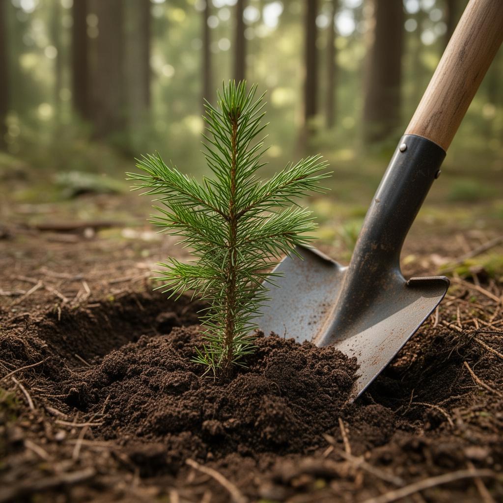 Une pelle tapote le sol autour d'une épinette fraîchement plantée