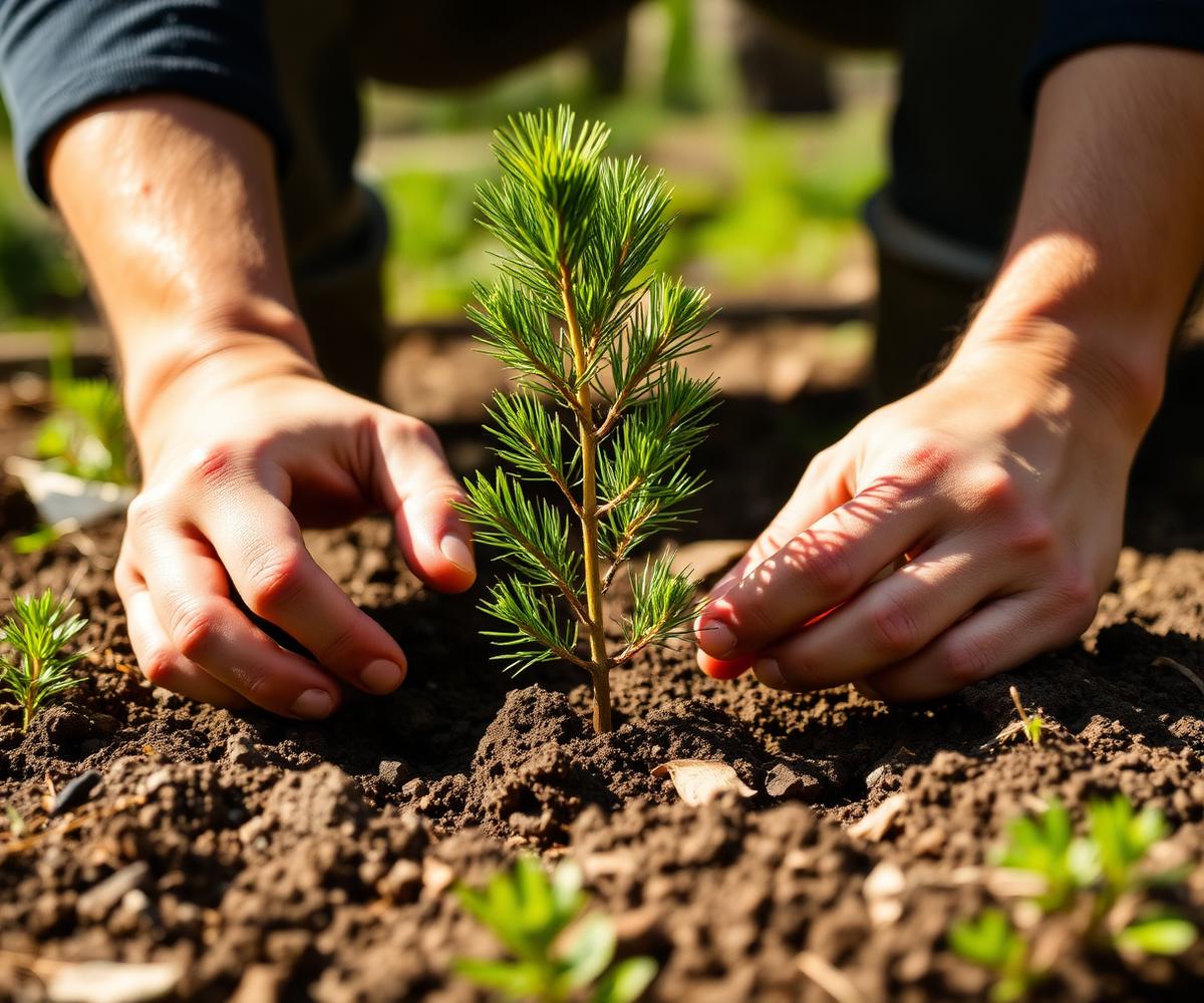Plantation d'un jeune plant dans un terrain en reboisement
